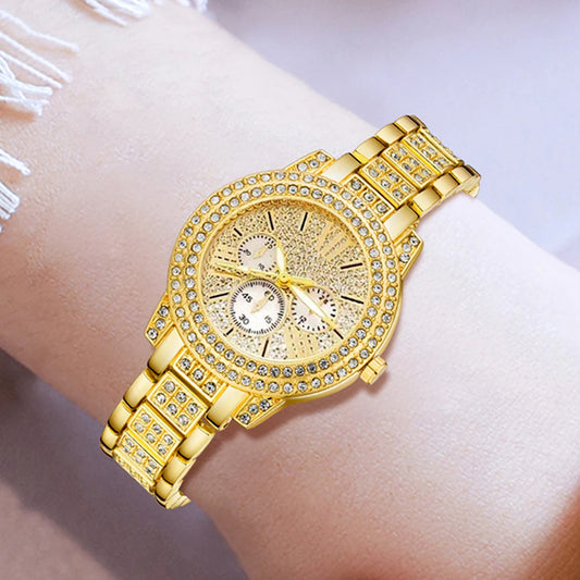 Gold Quartz Watch & Jewelry Set – Includes Ring, Necklace, Earrings & Rhinestone Watch