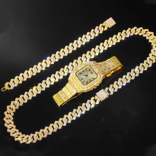Gold Cuban Chain Watch Set – Iced-Out Watch, Bracelet & Necklace
