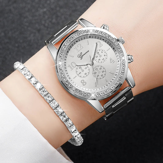 Piece Silver Quartz Watch & Jewelry Set – Stainless Steel Band with Diamond-Inspired Accents