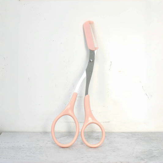 Precision Eyebrow Scissors with Built-In Comb – Stainless Steel Trimming Tool (Pink)