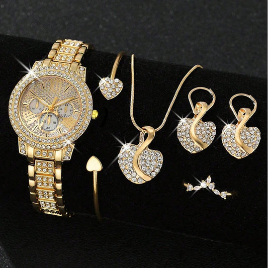 Gold Quartz Watch & Jewelry Set – Includes Ring, Necklace, Earrings & Rhinestone Watch