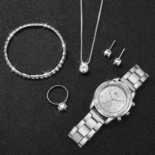 Piece Silver Quartz Watch & Jewelry Set – Stainless Steel Band with Diamond-Inspired Accents